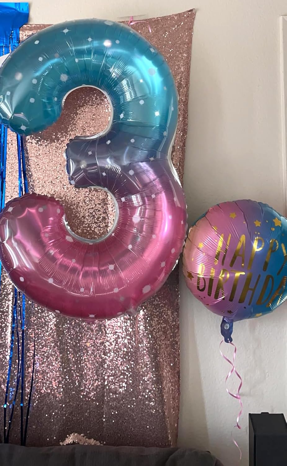 Numbers Balloon 3 - 40 Inch Large Pink, Purple & Blue Balloon for 3rd Birthday Party Decor