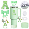 6PCS Green Stanley Cup Accessories Set for Stanley Cup 30 40oz Tumbler with Handle, Including Silicone Bow Straw Covers Cap, Spill Proof Stopper, Glitter Silicone Boot, Handle Charm, letter Patch (A)