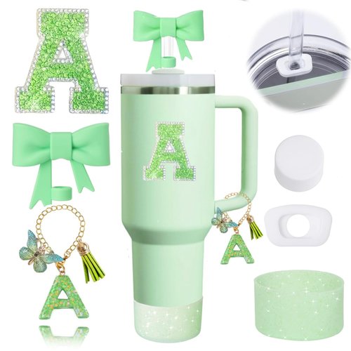 6PCS Green Stanley Cup Accessories Set for Stanley Cup 30 40oz Tumbler with Handle, Including Silicone Bow Straw Covers Cap, Spill Proof Stopper, Glitter Silicone Boot, Handle Charm, letter Patch (A)