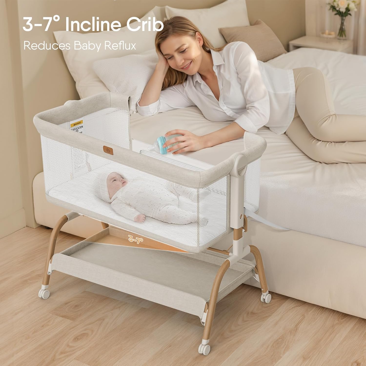Skiennix Baby Bassinet - 3-in-1 Bedside Sleeper with Mattress & Breathable Sheet | Adjustable Height, Full-Mesh Sides