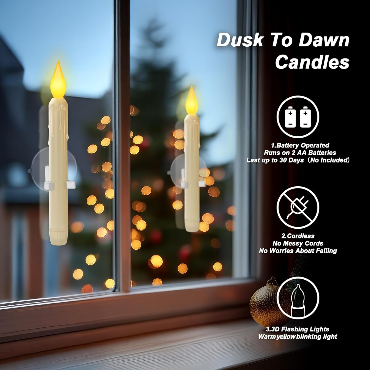 Skiennix 6 Pcs Sensor Window Candles - Flickering LED Lights with Suction Cups | Warm Yellow Glow for Holiday Decor