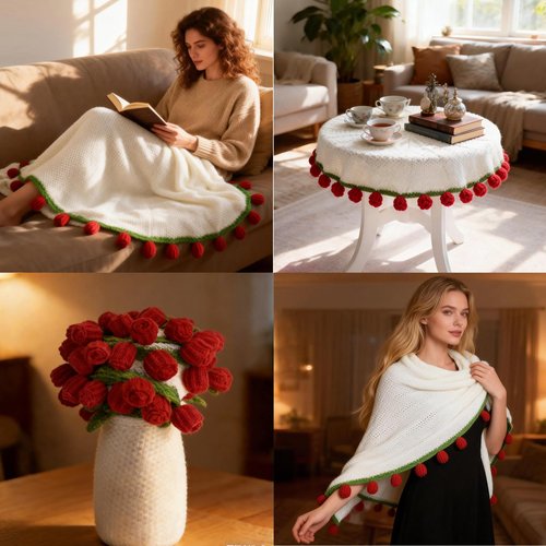 Sokfone Flower Blanket - Crochet Rose Blanket with Bouquet Blankets, Knitted Throw Blankets for Birthday, Wedding, Anniversary,Home Decor (43 inch - Finished Red)