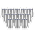 12 Pack Stainless Steel Wine Tumblers, 12Oz Double Wall Vacuum Insulated Wine Tumblers with Lids and Straws, Stainless Steel Stemless Wine Glasses for Coffee, Wine, Cocktails, Champaign, Silver