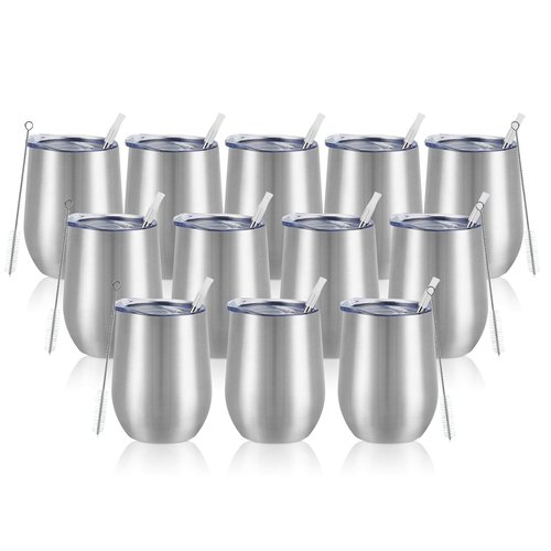 12 Pack Stainless Steel Wine Tumblers, 12Oz Double Wall Vacuum Insulated Wine Tumblers with Lids and Straws, Stainless Steel Stemless Wine Glasses for Coffee, Wine, Cocktails, Champaign, Silver