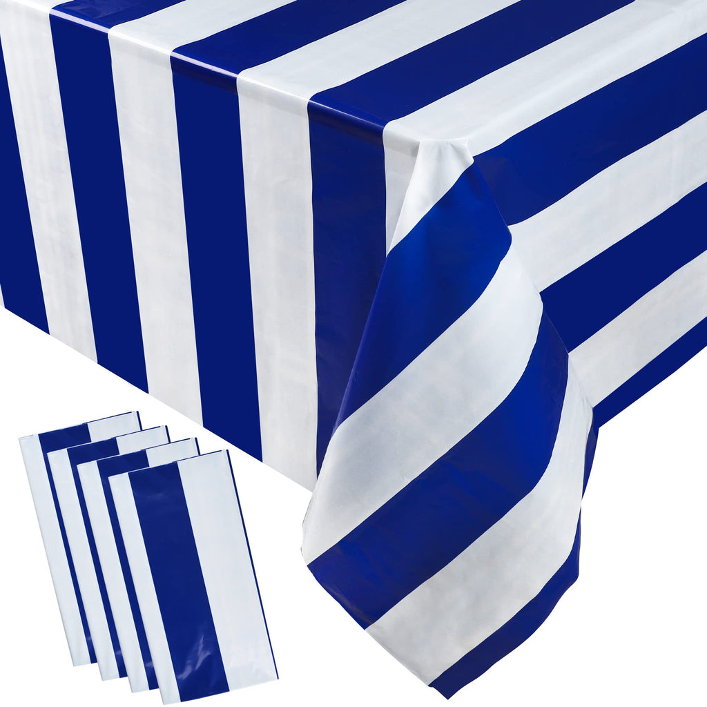peony man 4 Pieces Blue and White Striped Tablecloth Nautical Blue Plastic Table Cover Waterproof Disposable Rectangle Tablecloth for Party Kitchen Dining Table Decor