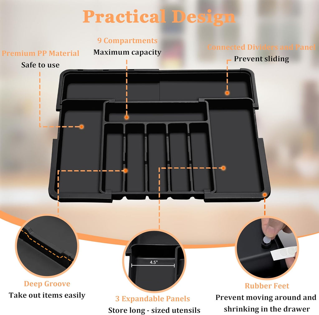 Spaclear Expandable Silverware Organizer - Adjustable BPA-Free Cutlery Tray for Kitchen | Black, 6-9 Slots