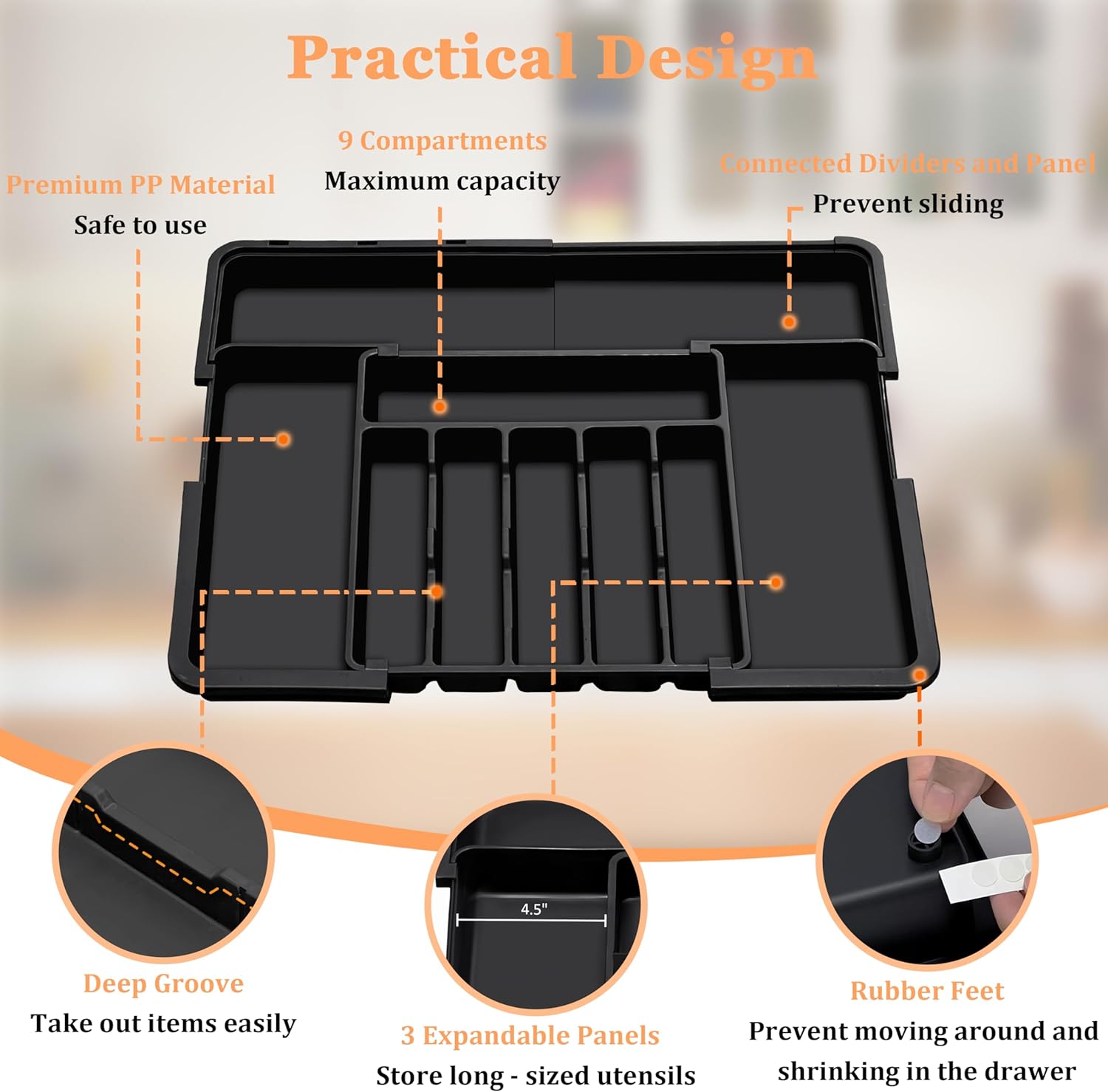 Spaclear Expandable Silverware Organizer - Adjustable BPA-Free Cutlery Tray for Kitchen | Black, 6-9 Slots