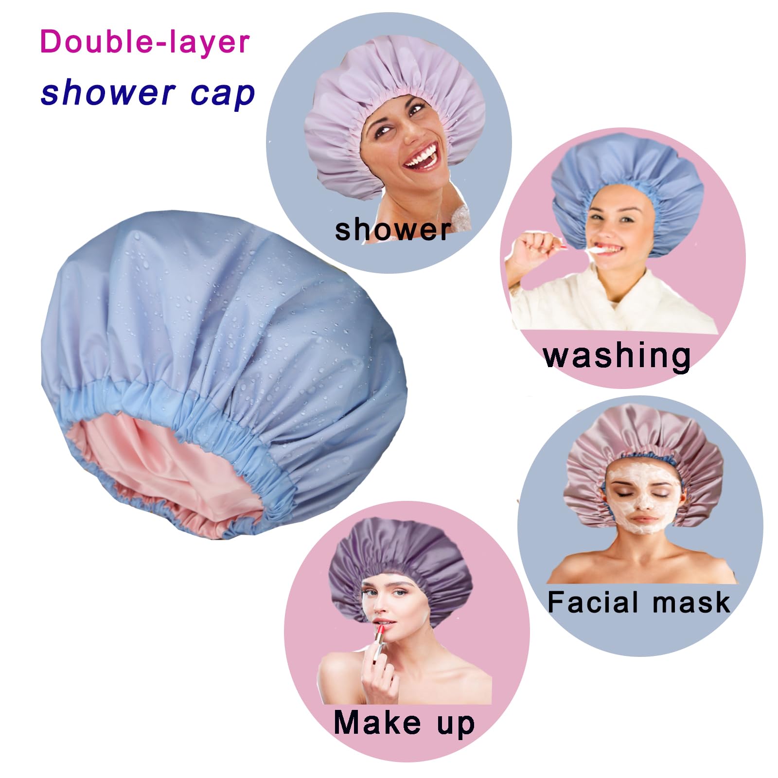 Genergy 2pcs Shower Cap for Women,Including Travel bag and Satin Scrunchy. Frizz-Free Silky Liner, Waterproof Reusable Large Bath Cap for Short and Long Thick Hair, Soft Adjustable Elastic, Non-slip.