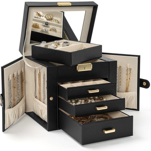 AKOZLIN 4-Tier Jewelry Box Leather Jewelry Storage Organizer with 3 Drawers Lockable for Women Girls Ring Necklace Earring Bracelet Holder with Mirror Black
