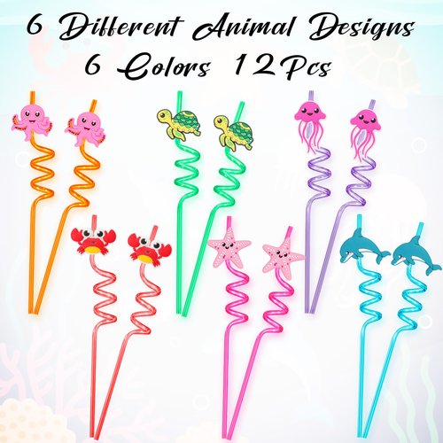 12 Pcs Reusable Ocean Animal Straws, Sea Animal Plastic Straws, Sea Creature Twisted Straw for Summer Under the Sea Party Supplies, Ocean-themed Party Decorations, Ocean Birthday Gifts (Sea Animals)