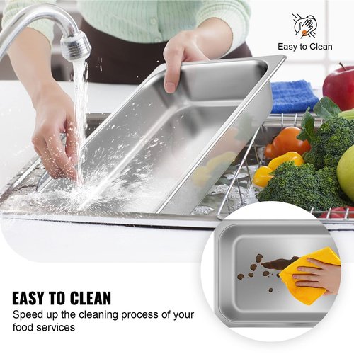 VEVOR Hotel Pans Full Size 4-Inch Deep, Steam Table Pan 6 Pack,0.8mm Thick Stainless Steel Anti Jam Steam Table Pan for Home, Party, Restaurant, Hotel, Buffet