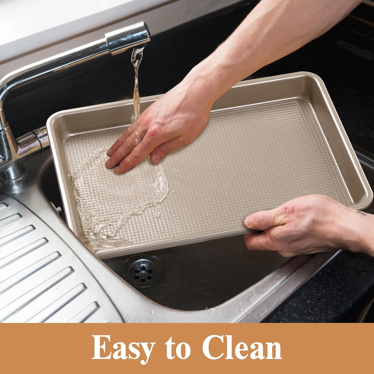 Skiennix Nonstick Baking Pan Set - Heavy Duty Cookie Sheets, 9x13in & 10x15in, Textured Gold Finish