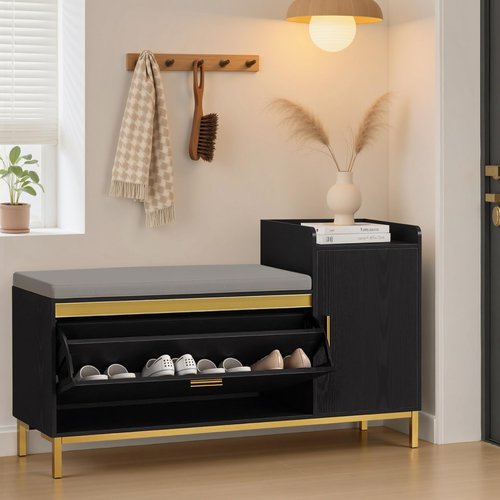 VECELO 2-Tier Shoe Storage Bench with Flip Drawers, Entryway Shoe Organizer Bench with Removable Seat Cushion & Adjustable Shelf for Entryway, Hallway, Living Room, Black
