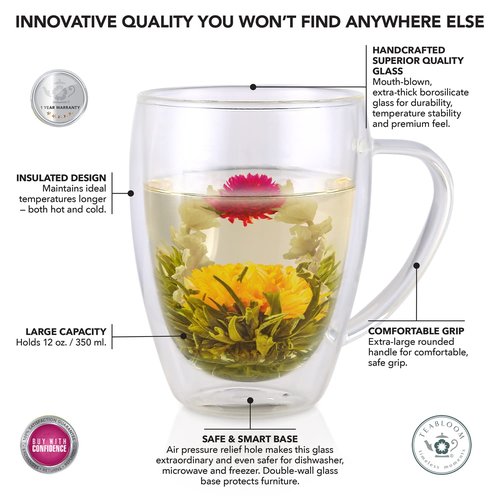 Teabloom Double Walled Mugs - 12 oz / 350 ml – Set of 4 Insulated Glass Mugs for Tea, Coffee, and More – Clear Bliss Collection