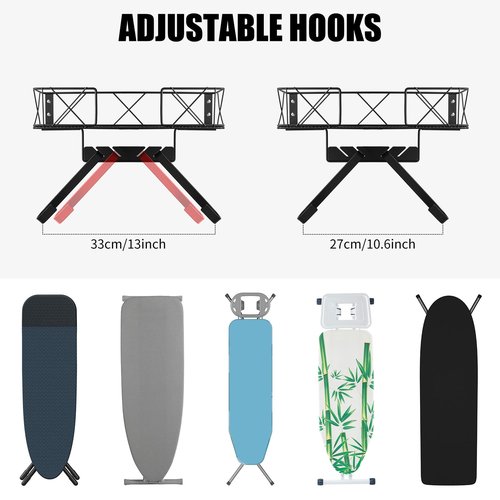 Ironing Board Hanger Wall Mount, Ironing Board Holder, Laundry Room Decor Organization and Storage with Large Storage Grid Base Basket and Removable Hooks(T&V Shaped) for Laundry/Living Room/Bathroom