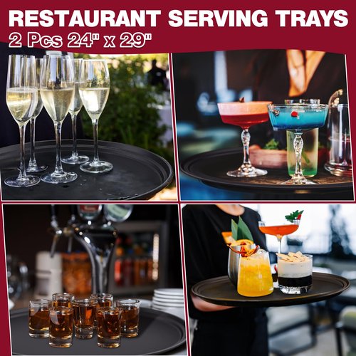 2 Pcs Large Restaurant Serving Trays 24" x 29" Oval Plastic Food Serving Tray Non Slip Rubber Lined Black Serving Tray for Cafeteria (2)