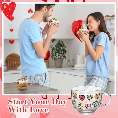 Sliner 6 Pcs Valentines Day Candy Heart Glass Coffee Mugs with Handle, 16 oz Clear Love Conversation Coffee Mugs Irish Glasses Cups for Valentine Gifts Beverages Latte Hot Chocolate(Conversation)