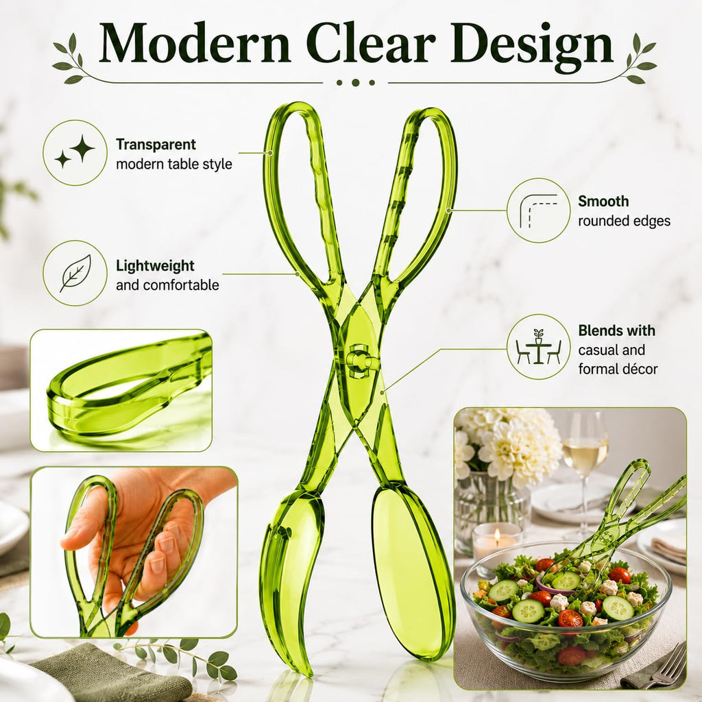 HIC Kitchen Salad Tong, Hinged Design, Detachable Fork and Spoon Green