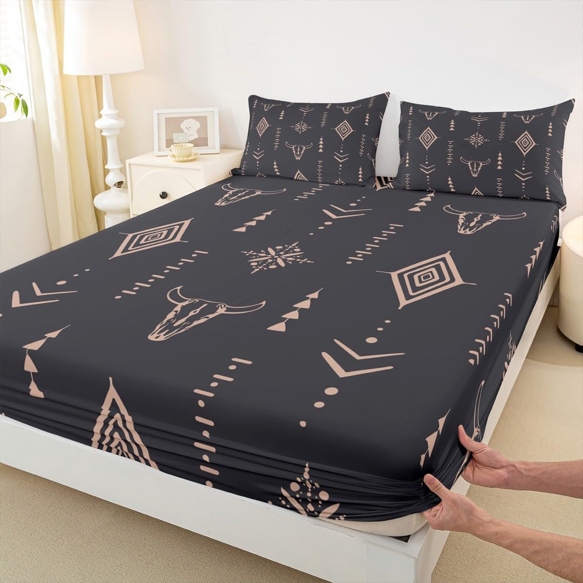 Bull Skull Bed Sheets Set King Boho Sheet Set Ethnic Horns Bohemian Sheets Brown Tribal Symbol Mysterious Aztec Bedroom Decor Abstract Geometric Flat Fitted Sheet for Men Boys