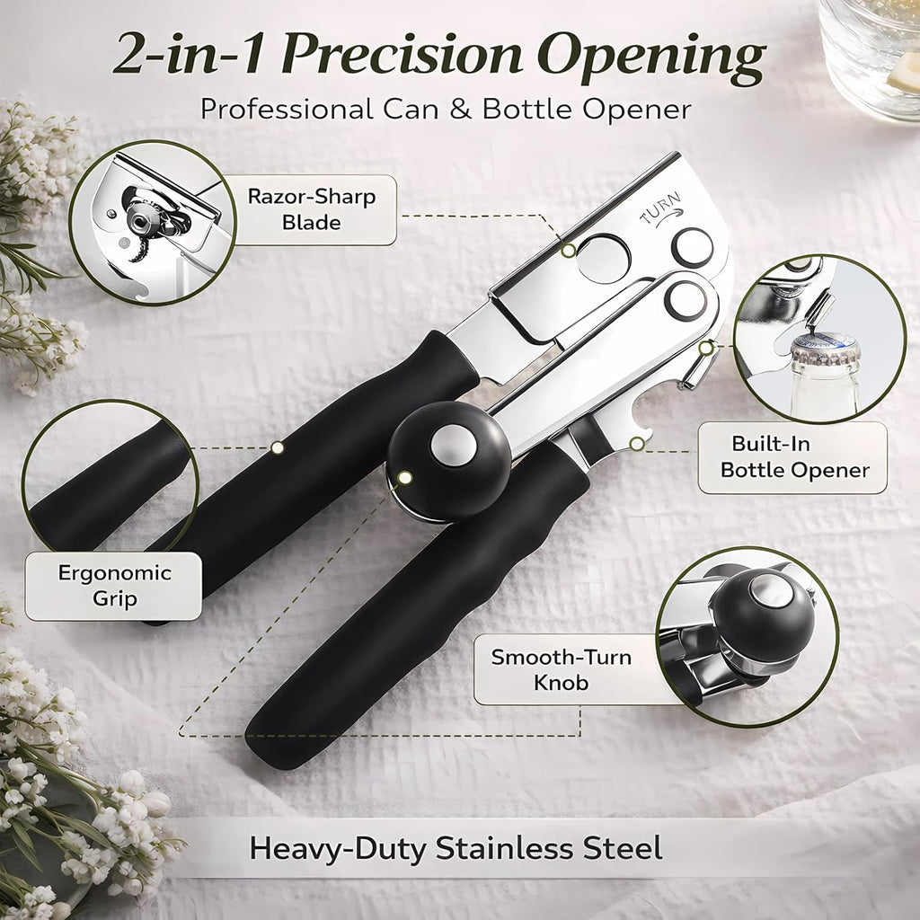 Skiennix Heavy Duty Manual Can Opener - Stainless Steel with Magnetic Lid Lifter & Bottle Opener