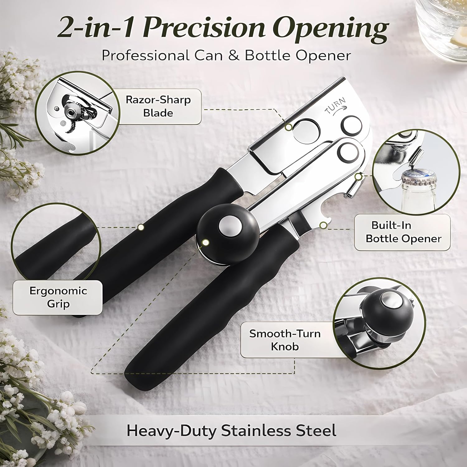 Skiennix Heavy Duty Manual Can Opener - Stainless Steel with Magnetic Lid Lifter & Bottle Opener