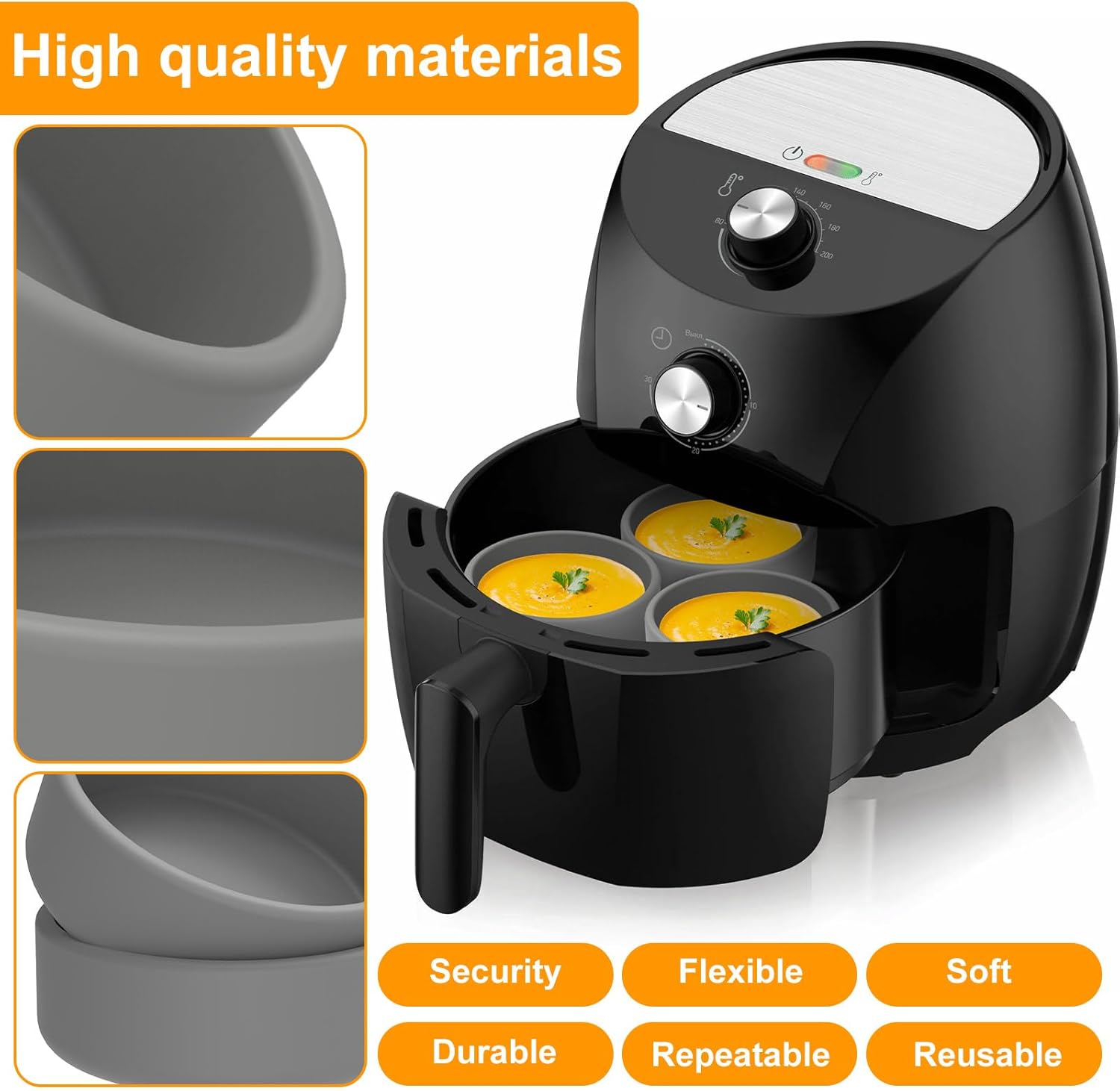 Skiennix Silicone Air Fryer Molds - 4-Inch Nonstick Reusable Egg Cups | Dishwasher Safe (3 Pcs - Grey)
