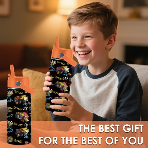 Truck Gifts for Kids - 16 Oz Kids Water Bottle with Straw Lid, Stainless Steel Insulated Tumbler, Leak Proof, BPA-Free, for Girls, School, Travel - Truck Lovers Children Birthday Gifts Cups(1pc)