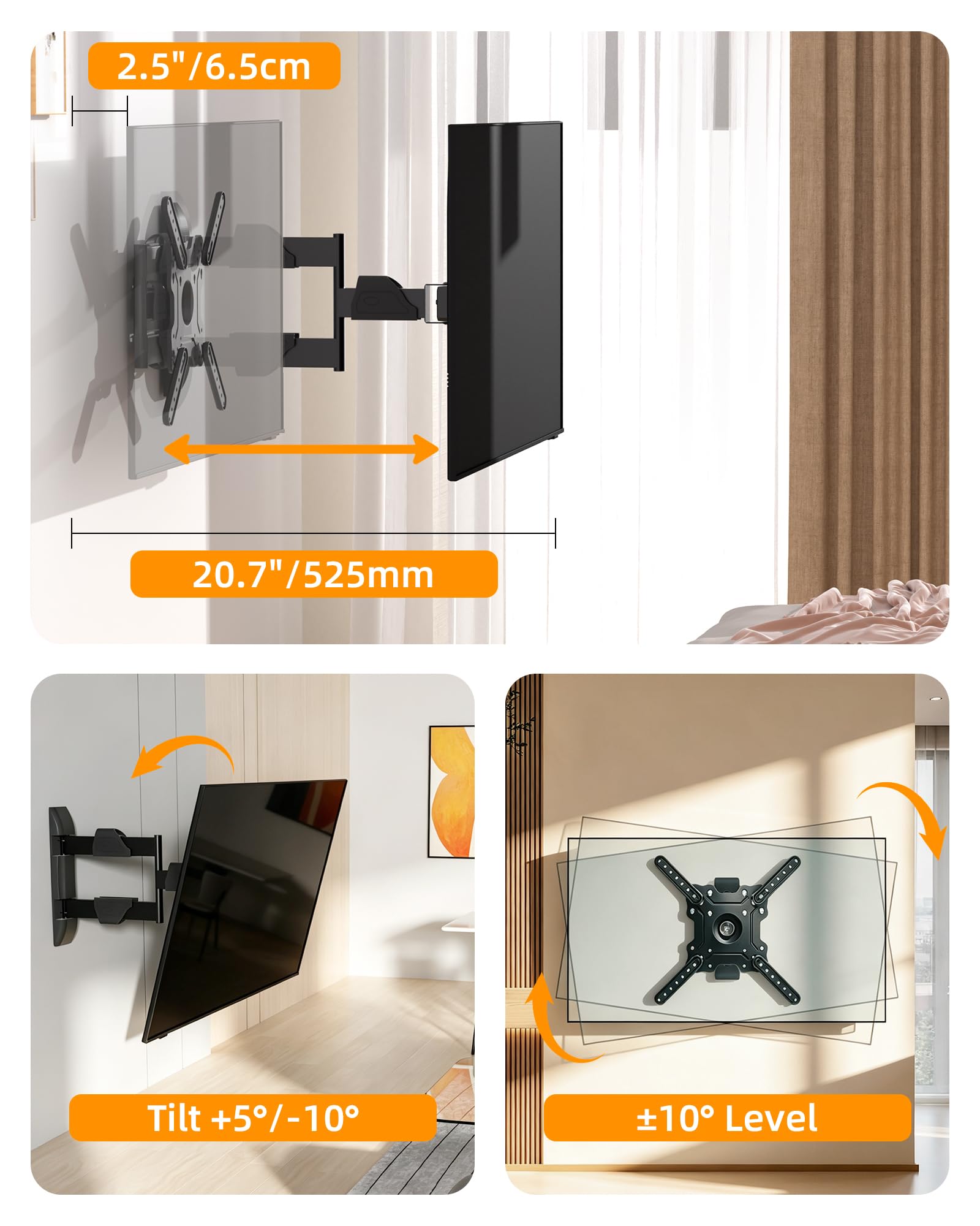 HILLPORT Vertical Swivel TV Wall Mount for Most 32-50 inch, Long Arm Rotate to Portrait TV Corner Bracket, Support Full Motion 360 Degree, Max VESA 400x400mm Up to 57lbs DY3255