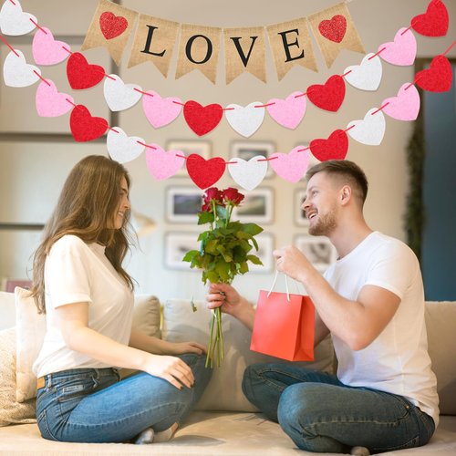 jijAcraft Valentines Burlap Banner with Felt Heart Banner for Valentines Day Décor, Pre-Assembled Rustic Love Hanging Banner & 24pcs Felt Heart Garland Banner Decor for Mantle Fireplace Wall