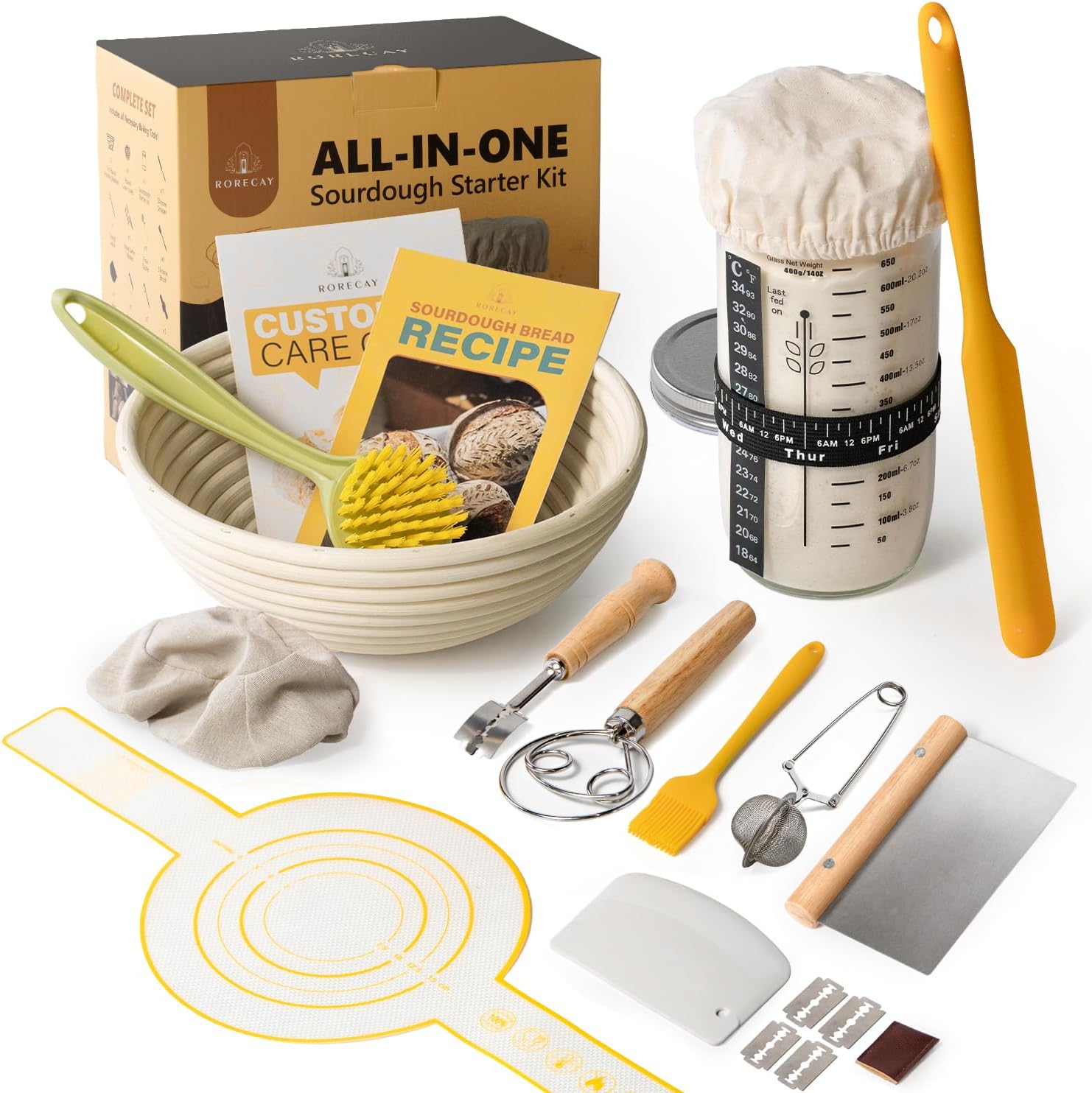 Skiennix Sourdough Starter Kit - 24oz Starter Jar & 9'' Round Proofing Baskets | Perfect Baking Gifts