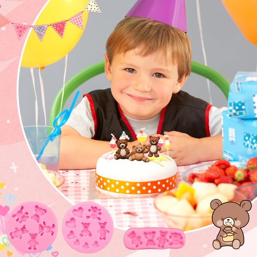 MEMOVAN Bear Silicone Fondant Mold 3pcs Bears Candy Chocolate Molds For Teddy Bear Cake Decoration Cupcake Topper Polymer Clay Resin Epoxy Gum Paste Mold