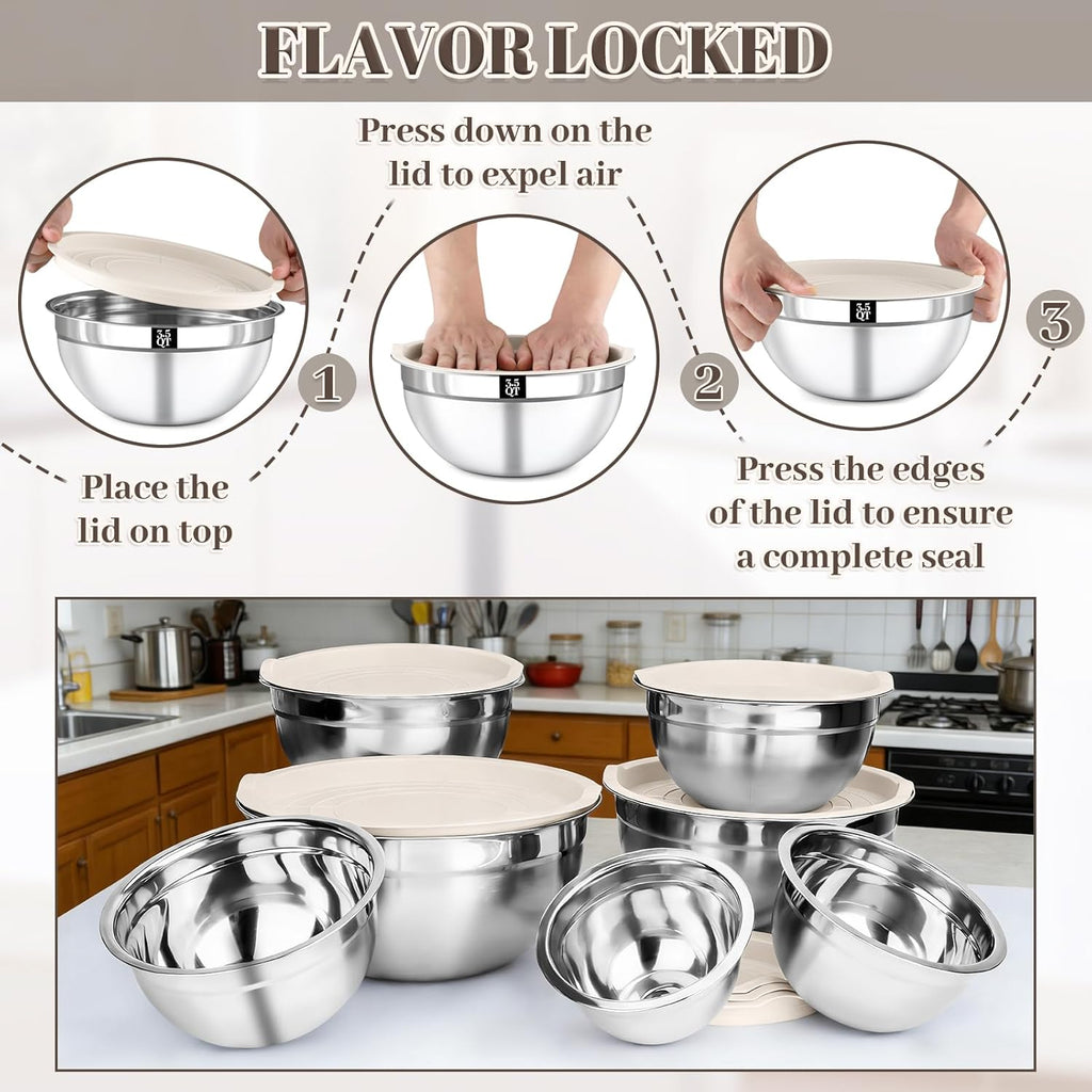 Stainless Steel Mixing Bowls Set by [Brand Name] - 7PCS Nesting Bowls with Lids for Baking & Meal Prep | Dishwasher Safe, Khaki