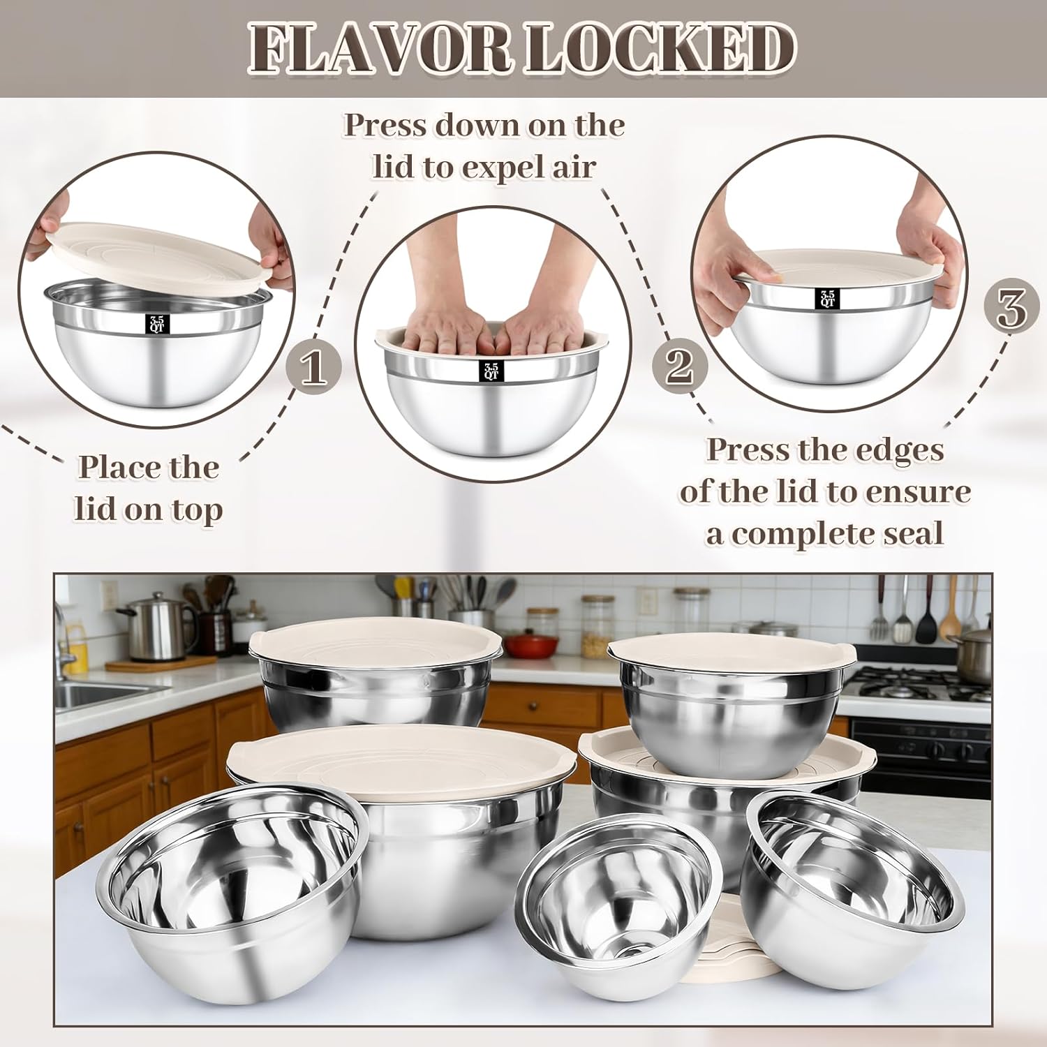 Stainless Steel Mixing Bowls Set by [Brand Name] - 7PCS Nesting Bowls with Lids for Baking & Meal Prep | Dishwasher Safe, Khaki