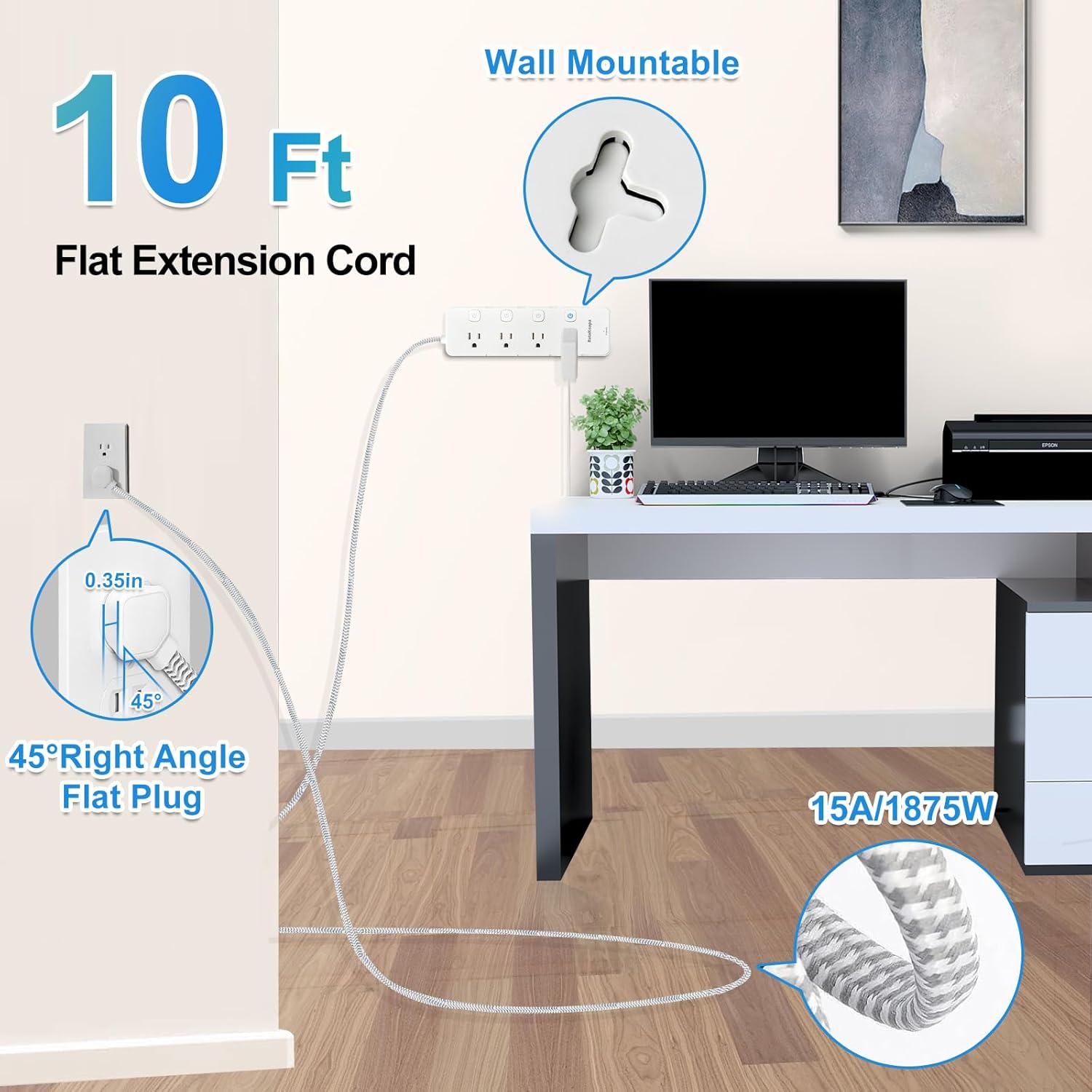 Skiennix 10 Ft Surge Protector Power Strip - 8 AC Outlets & 4 USB Ports with Individual Switches | Flat Plug Extension Cord for Home & Office