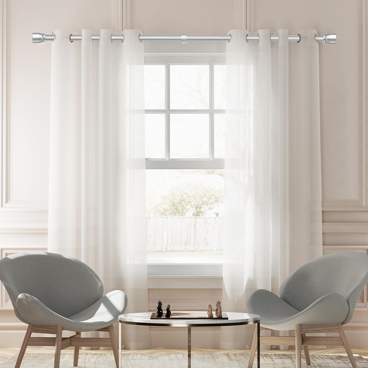 Skiennix 1" Diameter Silver Curtain Rod - Heavy Duty Adjustable 30-90 Inch for 30-84 Inch Windows