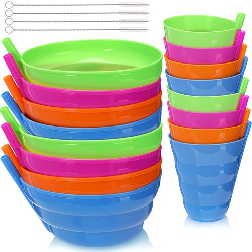 LemonRoad 20 Pcs/8 Set Cereal Bowls with Straws Colorful 16 oz Bowls and 10 oz Cups Both with Built in Straw Includes Cleaning Brushes Reusable Dishwasher for Milk Soup(Round)