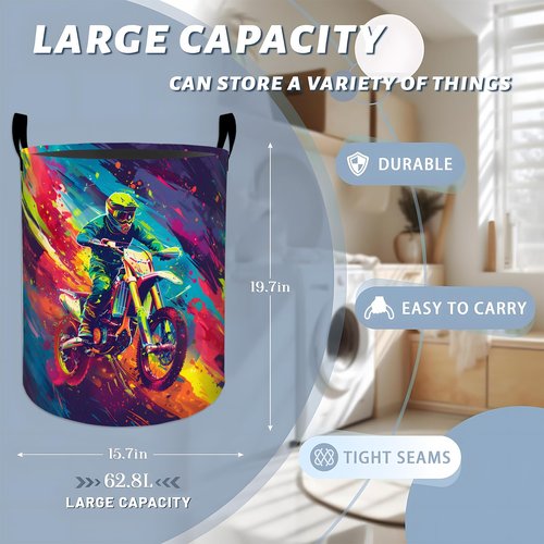Colorful Splashes Motocross Rider Laundry Basket with Handles, 19.7"x15.7" Clothes Foldable Sports Laundry Hamper Organizer for Dorm Nursery Bedroom Bathroom Decor, Toy Storage Bin for Kids