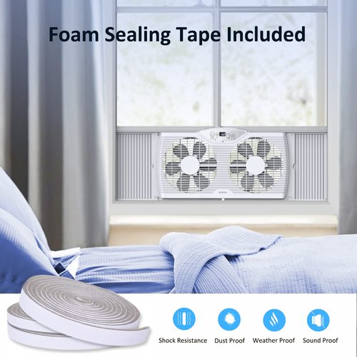shinic Twin Window Fan, 9-Inch Blades Reversible Airflow, Thermostat Control, 3 Speeds, 3 Functions, 23.8"-37" Expandable Width, Window Exchaust Fans for Home Bedroom, ETL Certified