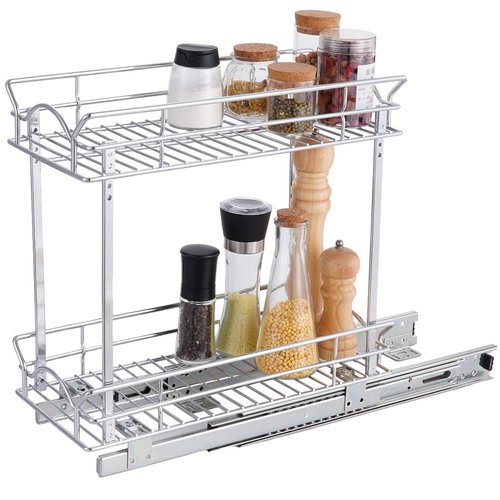 OCG Slide Out Cabinet Organizer for Narrow Cabinet (5" W X 17" D), 2 Tier Pull Out Shelves Slim Sliding Cabinet Organizer and Storage, Chrome
