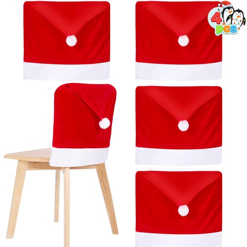 JOYIN 4 Pcs Christmas Chair Cover, Red Santa Hat Chair Slipcovers for Christmas Holiday Festival Decoration, Santa Claus Chair Back Covers, Xmas Indoor Decor Ornaments Set