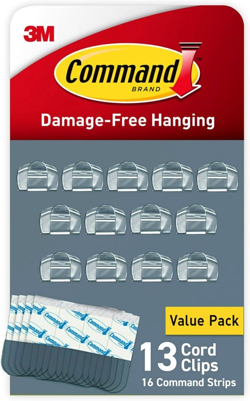 Command Round Cord Clips - Damage-Free Wall Cable Clips for Easy Hanging | 13 Clear Clips & 16 Strips