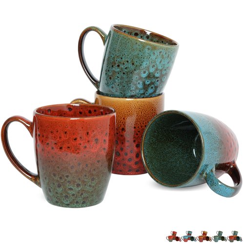 Bosmarlin Ceramic Coffee Mug Set of 4, 17 Oz, Coffee Cups with Big Handle, Microwave Safe, Unique Reactive Glaze (Multicolor)