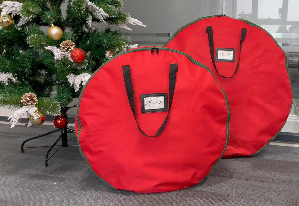 Skiennix Wreath Storage Container - Heavy Duty 600D Oxford Cloth | 24x12 Inch Red Double Bag for Holiday Wreaths