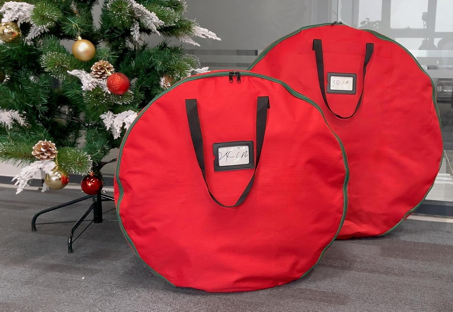 Skiennix Wreath Storage Container - Heavy Duty 600D Oxford Cloth | 30x7 Inch Red Bag for Holiday Wreaths