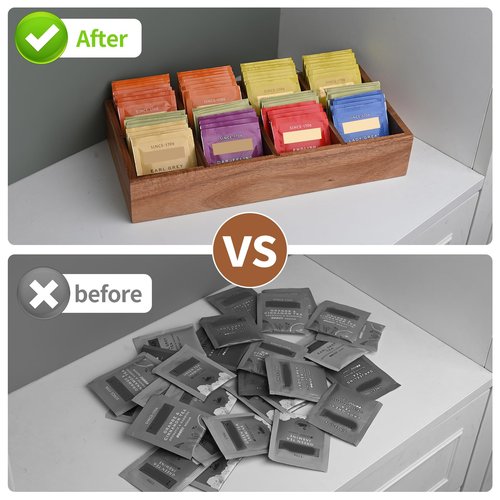 Acacia Wood Tea Bag Organizer with 8 Slots – Tea Bag Holder and Tea Organizer, Sugar Packet Storage for Countertops
