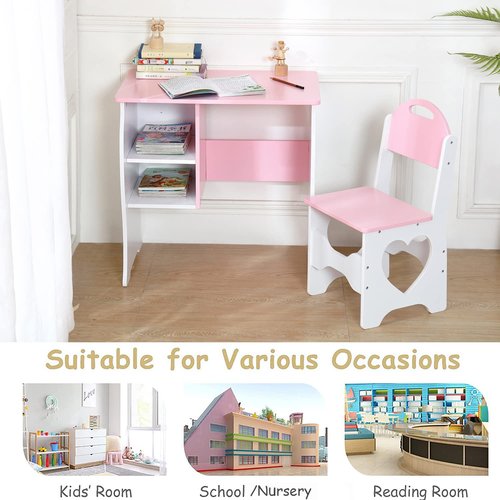 ocinone Kids Desk and Chair Set, Children Study Desk with Storage Shelf, Wooden School Study Table, Writing Table for Home School Use(Pink White)