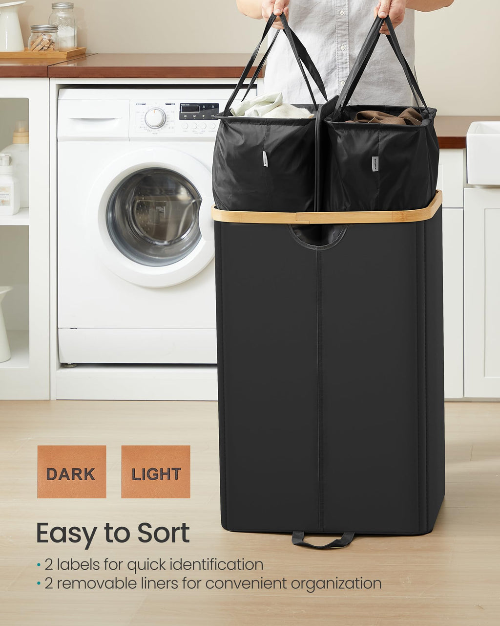 SONGMICS Laundry Hamper with Lids, Laundry Basket with 2 Compartments, 39 Gal. (150 L), Removable Liner Bag, for Laundry Room, Bedroom, Living Room, Ink Black and Light Bamboo ULCB523B01