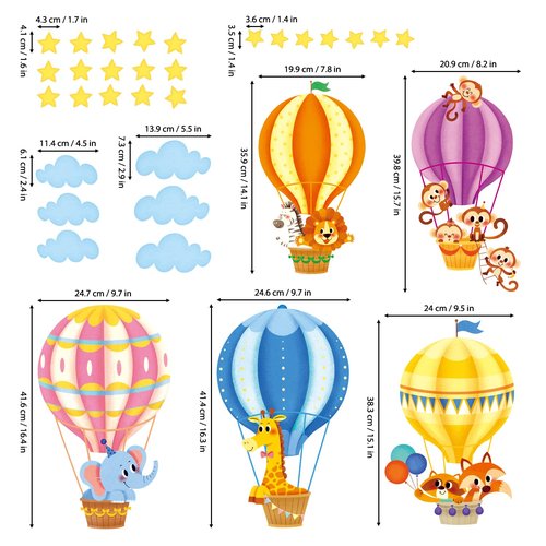 DECOWALL SG-2214 Animals in Hot Air Balloons Kids Wall Stickers Decals Kids Baby Nursery Decorations Cloud Elephant Wallpaper Art Playroom Bedroom décor Home boy Peel and Stick