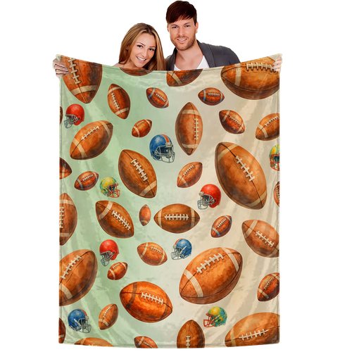 Football Blanket 50x60, Soft Flannel Fleece Stadium & Couch Throw, Watercolor Football Helmet Pattern, Neutral Sage Green Beige, Game Day Bleacher Blanket for Adults