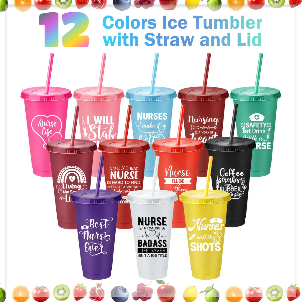 Bokon 50 Pcs Nurse Appreciation Tumbler with Straw and Lid, Bulk Nurse Week Gifts, 24 oz Reusable Plastic Cup, Multicolor Iced Water Bottle, for Appreciation & Graduation(Warm Style)
